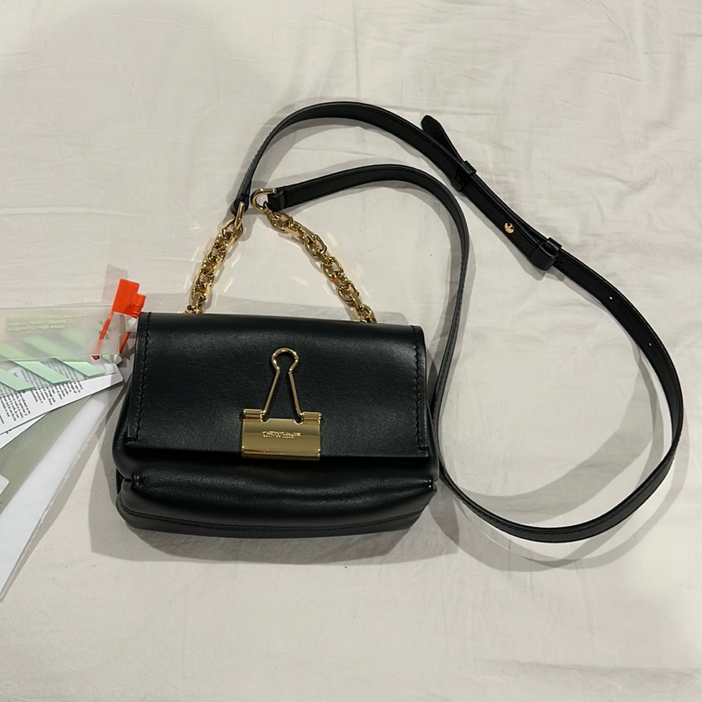 Off-White BNWT Black Leather Mini Gold Binder Crossbody Bag